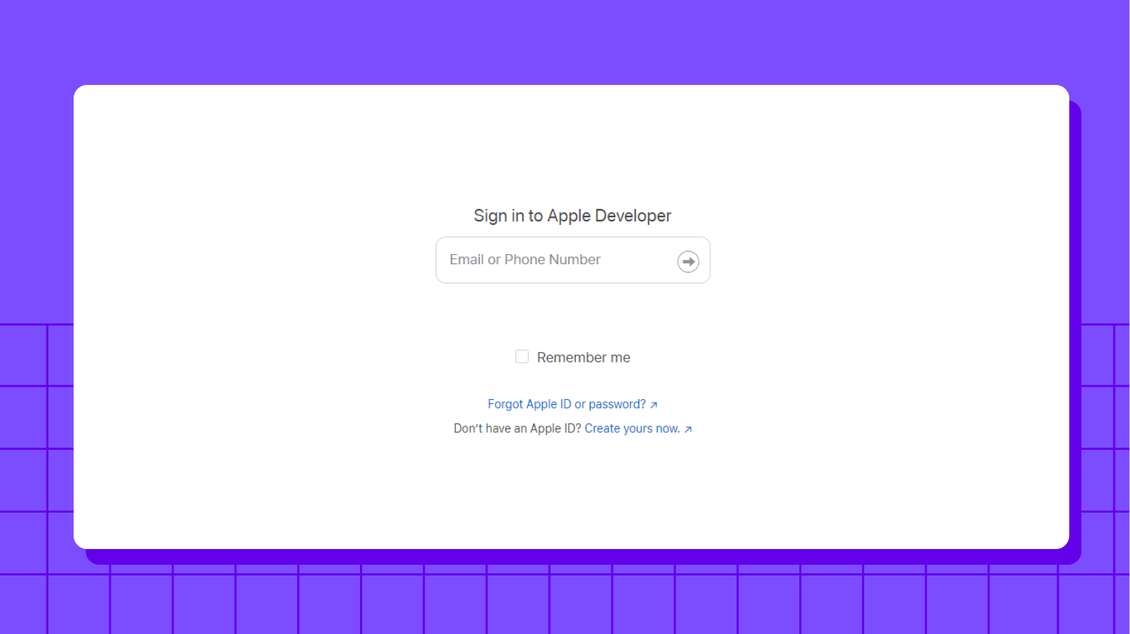 Apple developer account sign in screen on Apple’s website