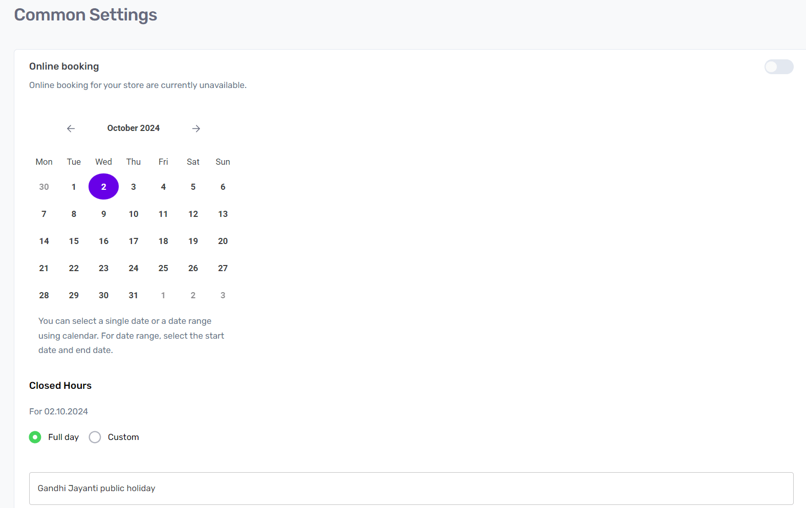 Studio Store salon website backend for booking calendar customisation for service availability.