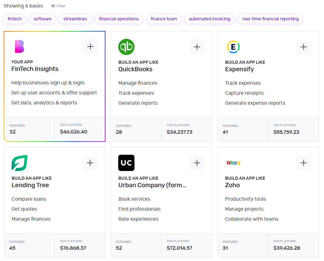 Builder Studio dashboard screen highlighting base templates to build a look-a-like app. The screen lists FinTech Insights, QuickBooks, Expensify, Lending Tree, Urban Company and Zoho as the recommended base templates to create a fintech software/app.