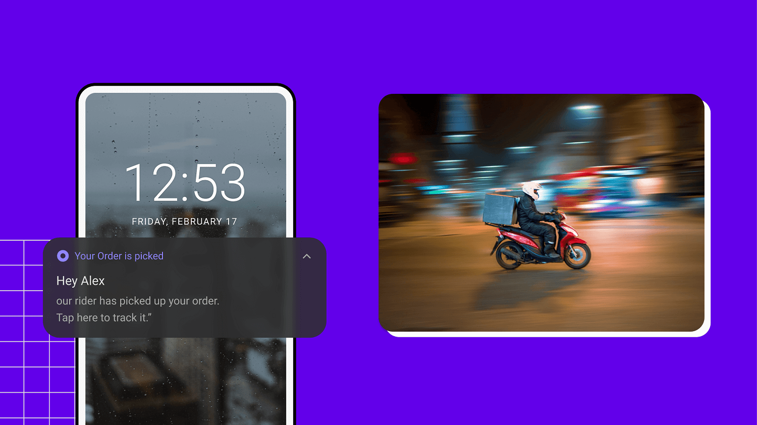 Order pick up notification on mobile phone screen having a food delivery rider in background