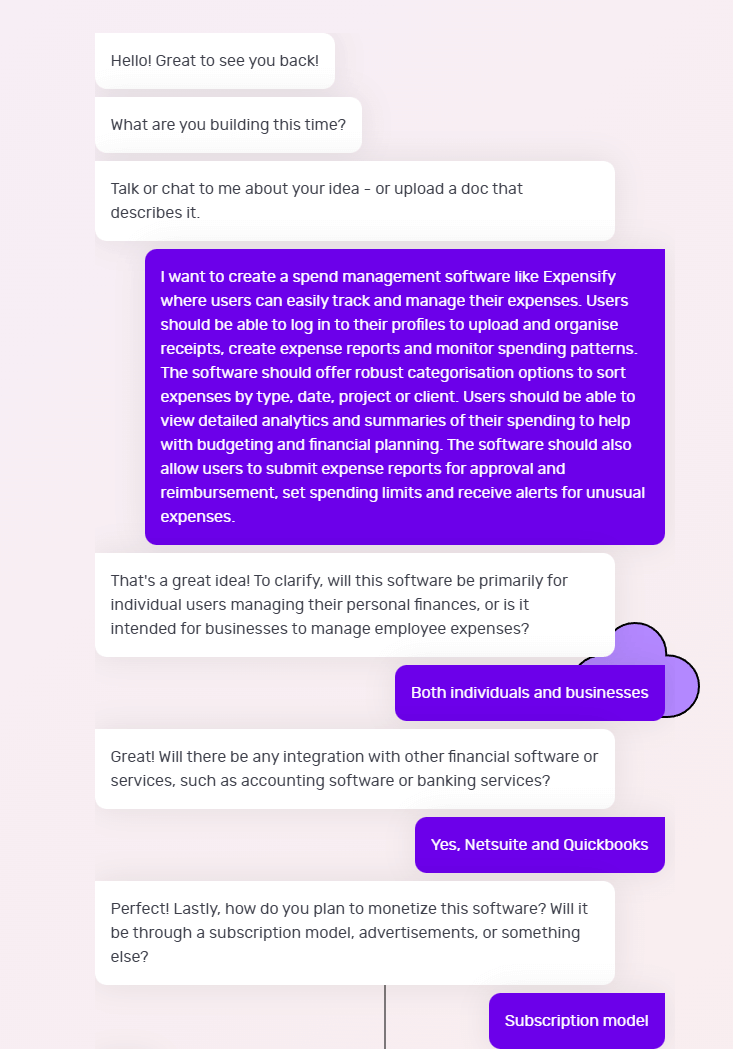 The Natasha chat screen features a conversation where a user tries to build an expense management app like Expensify.