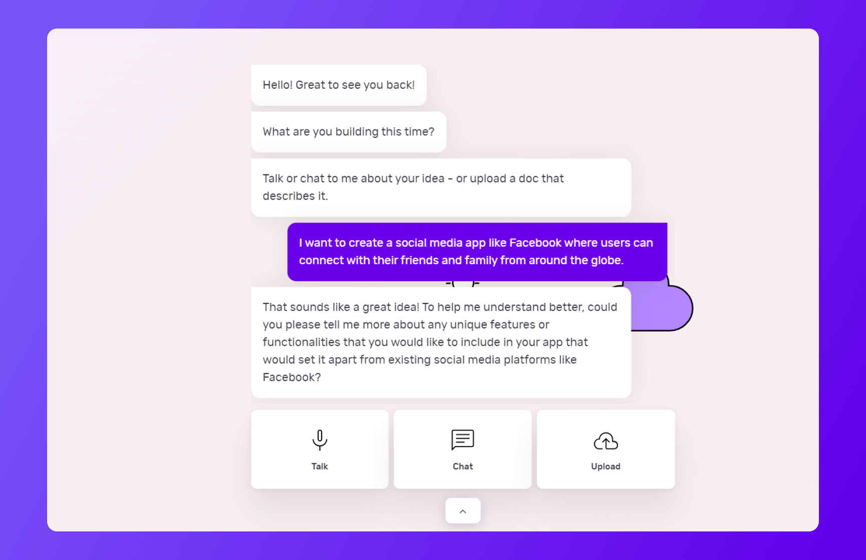 Natasha chat screen featuring a conversation where a user is trying to build a social network app.